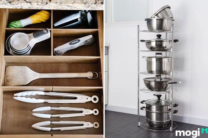 Một cách hiệu quả để giữ nhà bếp gọn gàng và sạch sẽ là sắp xếp đồ dùng theo chiều dọc.