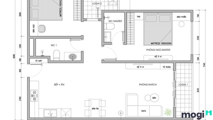 Mẫu thiết kế chung cư mini 50m2 2 phòng ngủ theo phong cách tối giản
