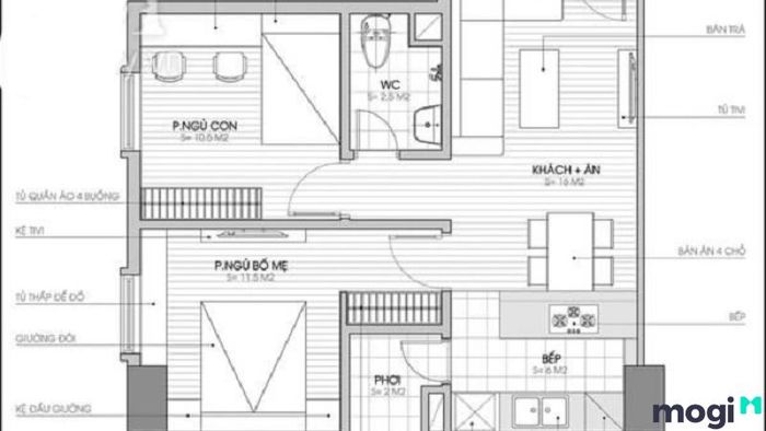 Mẫu thiết kế căn hộ 2 phòng ngủ 50m2 với ban công thoáng mát