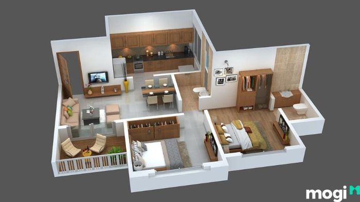 Mẫu thiết kế căn hộ 2 phòng ngủ 50m2 với ban công thoáng đãng