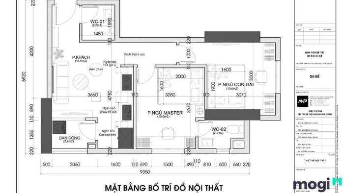 Mẫu thiết kế nội thất căn hộ 2 phòng ngủ 50m2 có bếp mở thoáng rộng