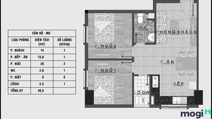 Mẫu thiết kế nội thất chung cư 50m2 2 phòng ngủ ở góc tòa nhà