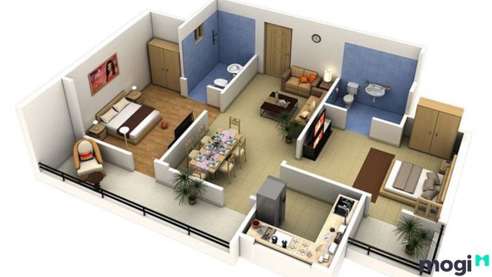 Mẫu thiết kế căn hộ 2 phòng ngủ 50m2 theo phong cách hiện đại