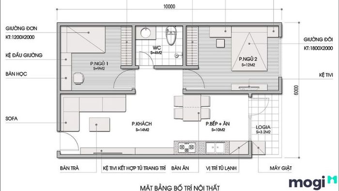 Mẫu thiết kế căn hộ 2 phòng ngủ 50m2 theo phong cách hiện đại