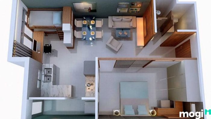 Mẫu thiết kế nội thất chung cư 50m2 2 phòng ngủ tại góc tòa nhà