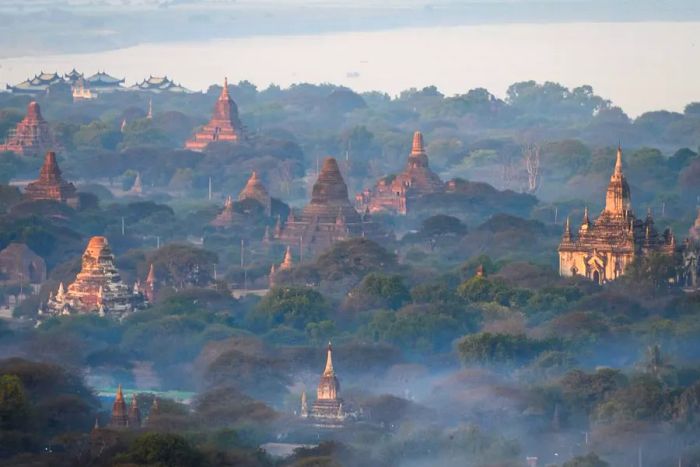 Aerial view of the temples in Bagan, an ancient city and UNESCO World Heritage Site, captured on January 18, 2020.