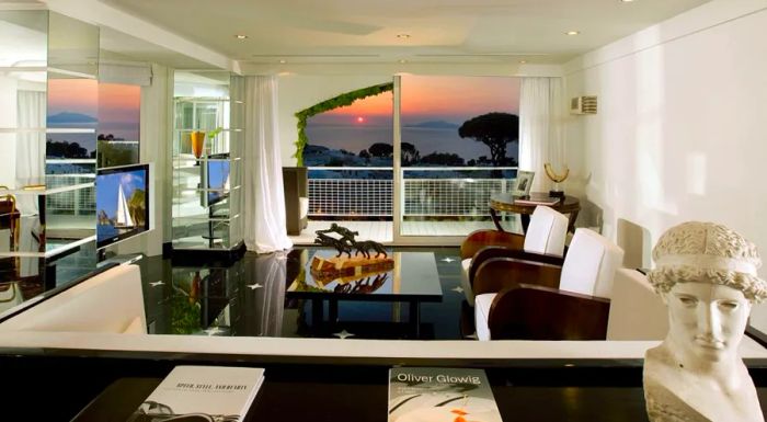 The penthouse suite at the Capri Palace, adorned in black and white marble, is named in honor of Gwyneth Paltrow.