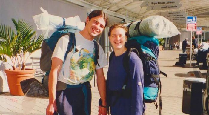 Mandy and Lee at Auckland Airport in 1997, ready to begin their next adventure.