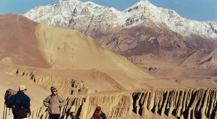 The group of backpackers were journeying through breathtaking landscapes. Here they are near Muktinath Valley in February 1996.