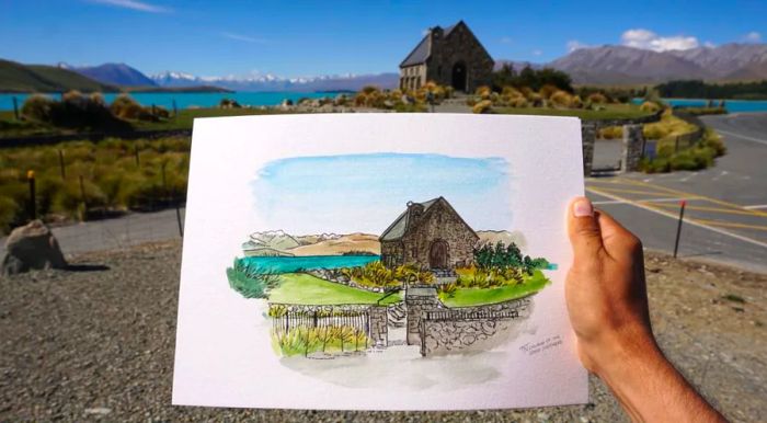 Napper's illustration of The Church of the Good Shepherd in Lake Tekapo.