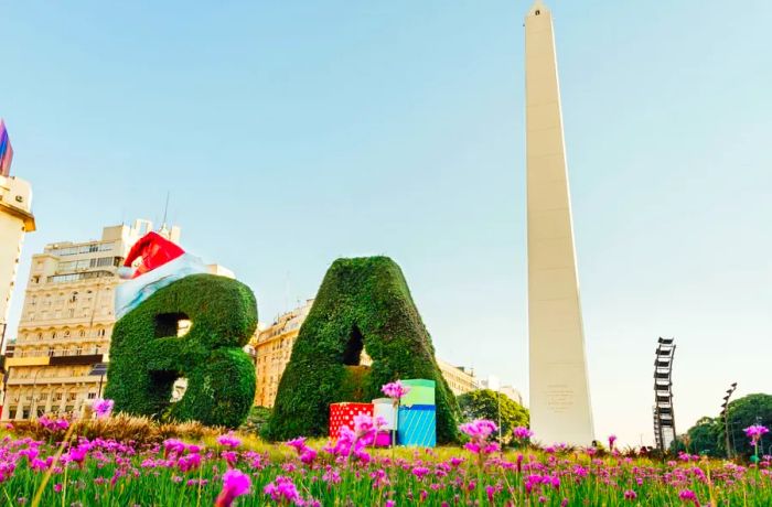 In downtown Buenos Aires, the 'B' and 'A' are decked out in Christmas cheer with a Santa hat and presents.