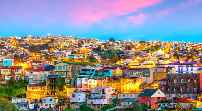 The historic district of Valparaíso in Chile dazzles after dark.