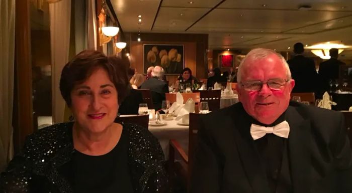 Jeannette Saquet and Graham McFarlane enjoying their first formal dinner together aboard the Queen Mary 2.