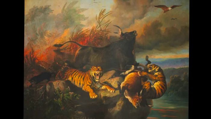 Raden Saleh’s ‘Boschbrand’ (Forest Fire) dominates an entire wall, making it the largest painting in the gallery.