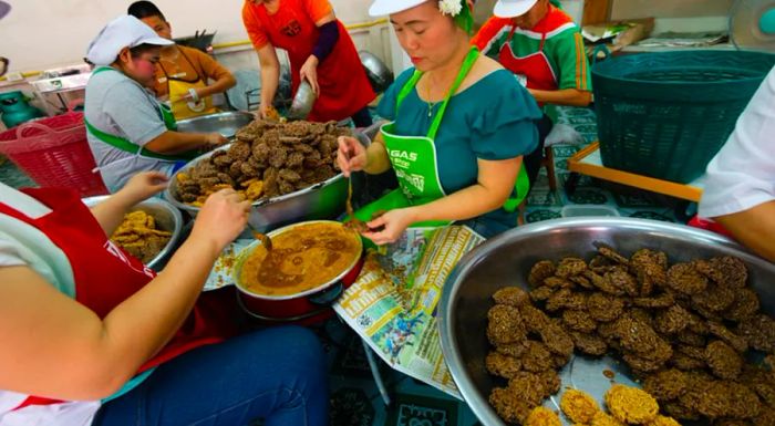 Khao taen, a crunchy sticky rice snack, is a burst of bold flavors in every bite.