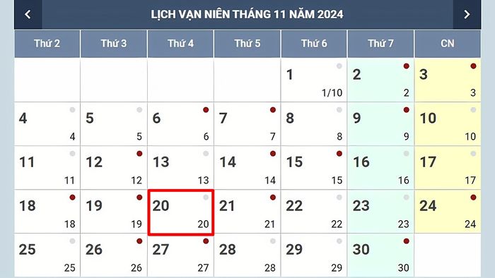 Ngày 20/11 năm 2024 sẽ là thứ mấy? Vào năm nay, 20/11 sẽ rơi vào thứ Tư.