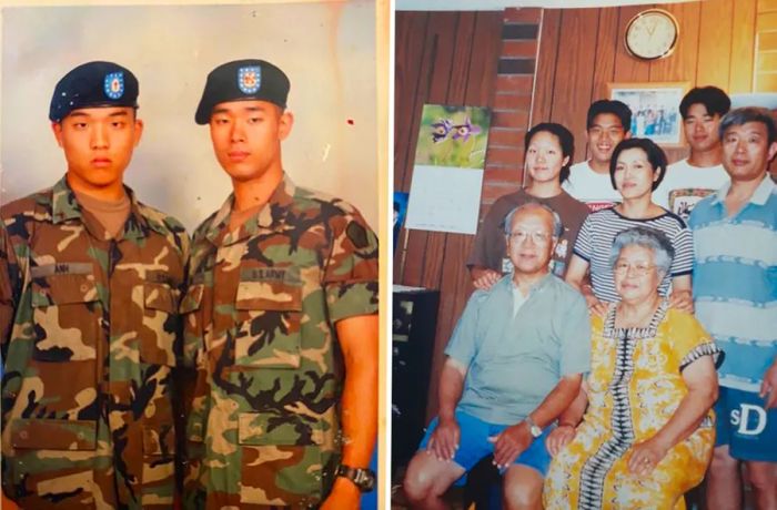 Chef Sung Anh with his brother in the US Army (left) and with his family in California (right).