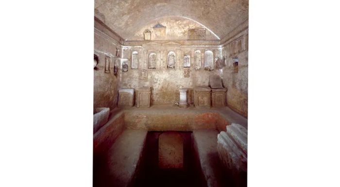 The Romans repurposed the Greek tombs, adding niches to accommodate their own funerary urns.