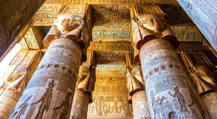 The interior of the Dendera Temple in Egypt is especially striking on a sunny day.