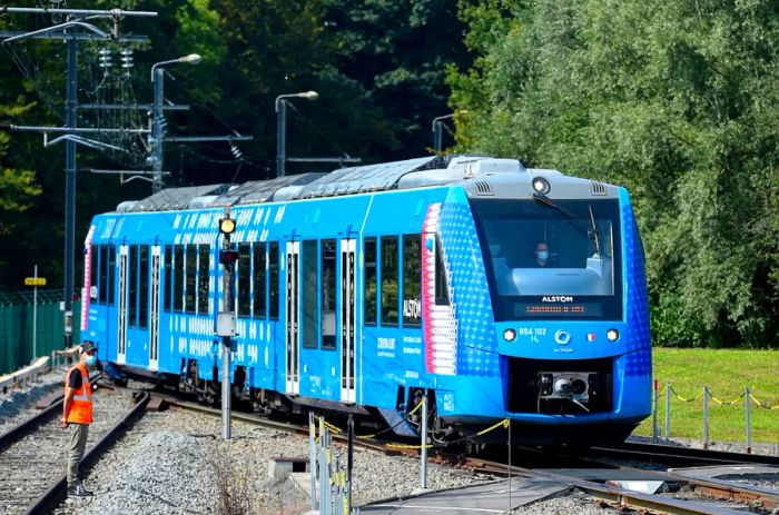 This image from September 6, 2021, shows Alstom's Coradia iLint train, the world's first hydrogen-powered train.