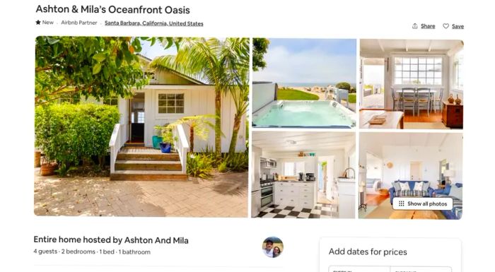 The Airbnb listing includes a collection of photos showcasing the beach house.