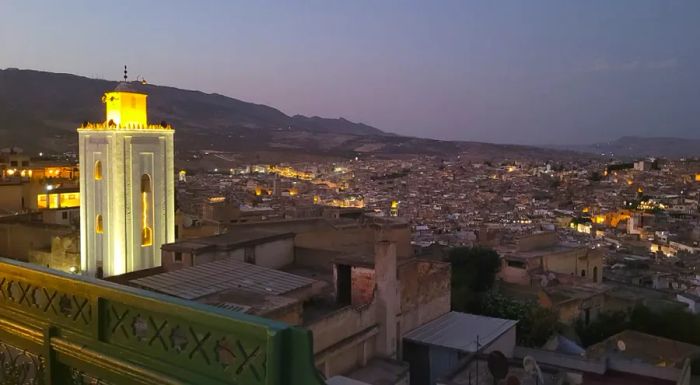 A photo of Fez at sunset, taken from the rooftop of a riad in the Moroccan city.