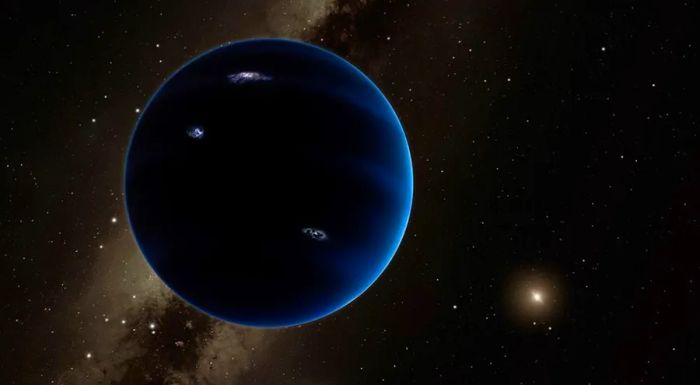 An artist’s rendering depicts the proposed Planet Nine, which Batygin and Brown believe to be five to seven times as massive as Earth. Another competing theory suggests the existence of a smaller Kuiper Belt planet, with a mass between 1.5 and 3 times that of Earth.