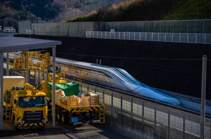 A maglev train undergoes a test run on December 3, 2021, in Tsuru, Japan.