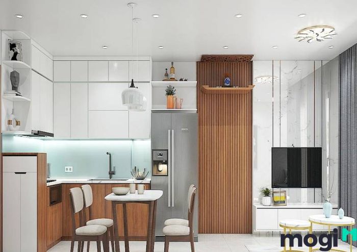 Bếp kiểu chữ L nhỏ gọn, thiết kế tiện lợi cho người nội trợ với đầy đủ chức năng cần thiết.