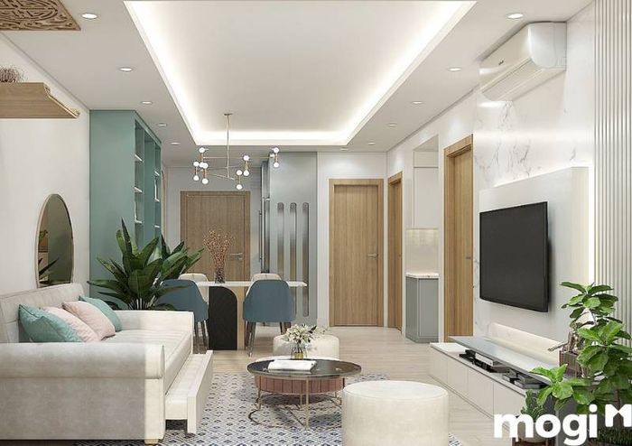 Phòng khách và khu bếp được kết nối mở, giúp tiết kiệm diện tích sử dụng một cách tối ưu.