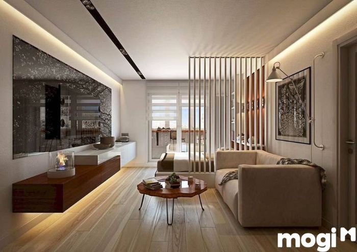 Không gian rộng rãi của phòng khách và phòng ngủ được tối ưu hóa trong thiết kế chung cư 60m2 với một phòng ngủ.