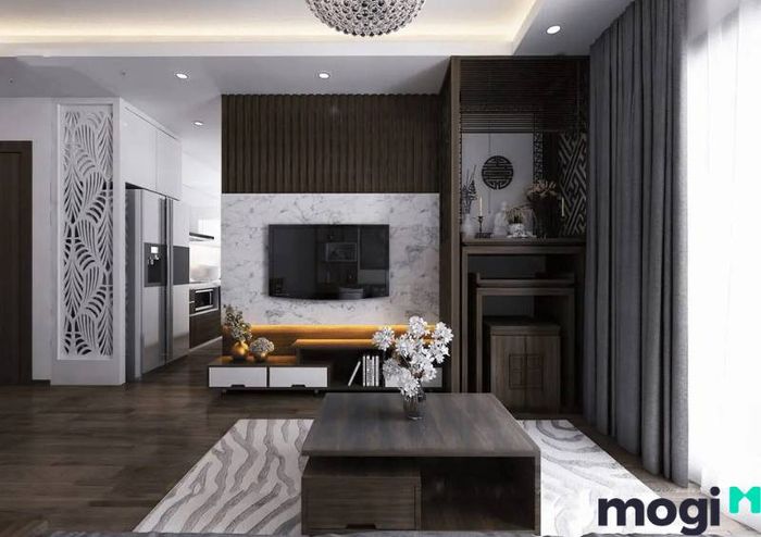 Thiết kế nội thất phòng khách chung cư 60m2 mang đến vẻ đẹp sang trọng, tinh tế và hài hòa.