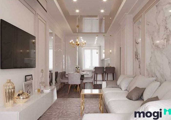 Nội thất trong căn hộ chung cư 60m2 theo phong cách tân cổ điển được thiết kế sang trọng với sự kết hợp tinh tế giữa màu sắc và vật liệu.