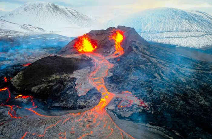 Lava began flowing from a volcanic eruption on the Reykjanes Peninsula on March 28, following the eruption's initial onset on March 19.