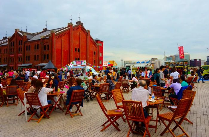 The Red Brick Warehouse district in Yokohama has been revitalized into a vibrant lifestyle hub, featuring a variety of restaurants, shops, and bars.