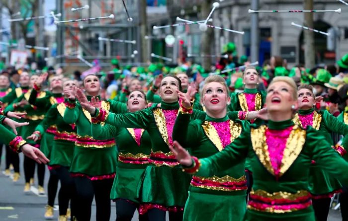 Baton twirlers in Dublin’s 2018 St. Patrick's Day Parade.