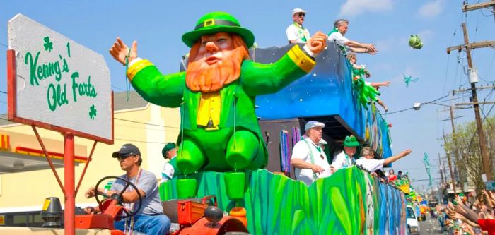 The 'Kenny's Old Farts' float tosses cabbage along Magazine Street in New Orleans during the 2008 parade.