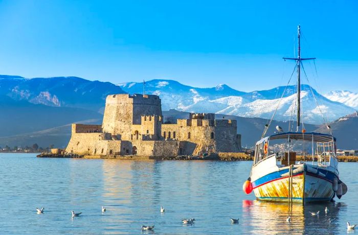 The Bourtzi water castle is a charming island fortress off the coast of Nafplio, Greece.