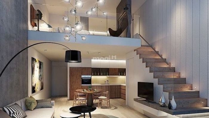 Mẫu nhà 30m2 có gác lửng trở nên sang trọng hơn nhờ sự kết hợp tinh tế giữa kính cường lực và đèn chùm trang trí