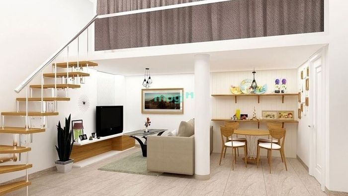 Xây nhà 30m2 có gác lửng không chỉ đẹp mà còn tiện nghi, tạo sự riêng tư nhờ rèm che kín đáo