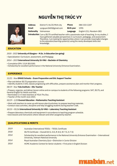 Mẫu CV giáo viên tiếng Anh