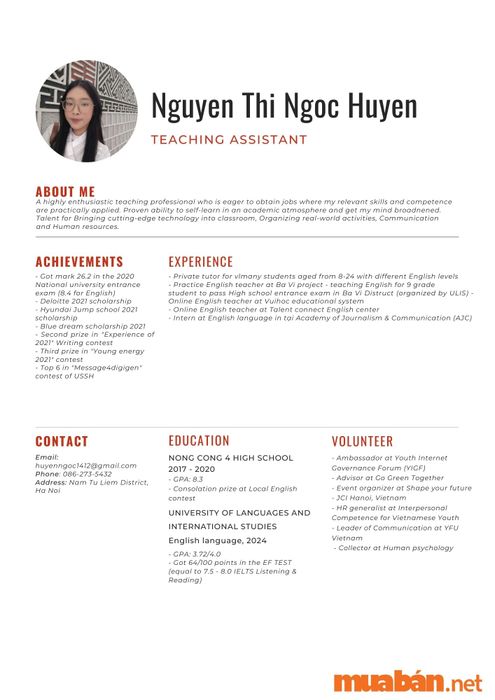 Mẫu CV trợ giảng tiếng Anh