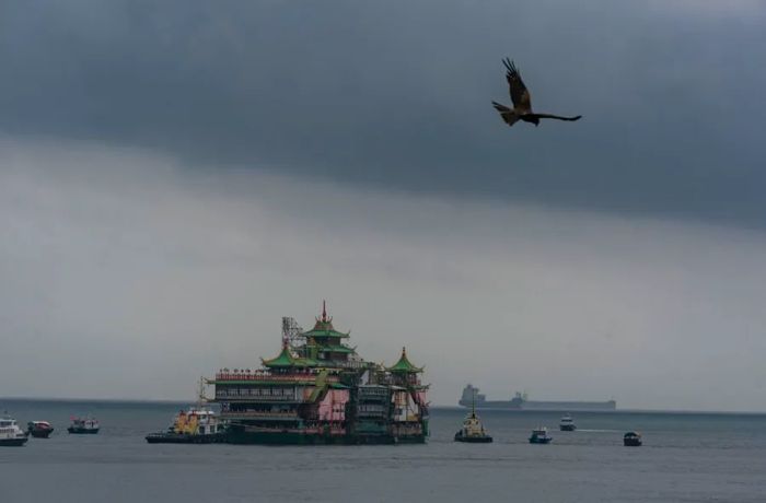 A bird soars above the Chinese imperial-style Jumbo Floating Restaurant as it is towed out of a typhoon shelter in Hong Kong on June 14, 2022.