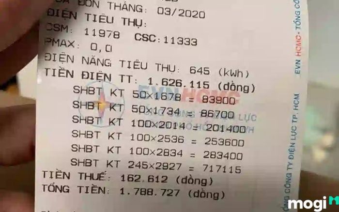 Bảng tính tiền điện tiêu thụ.