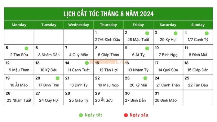 Lịch ngày tốt để cắt tóc tháng 8 năm 2024