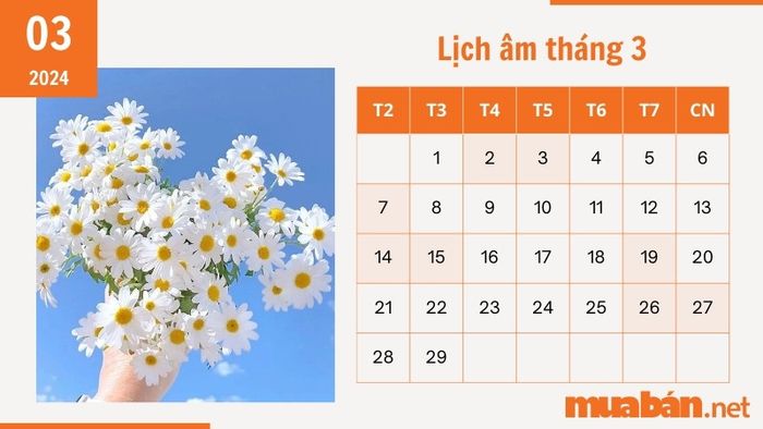Xem chi tiết lịch âm tháng 3 năm 2024