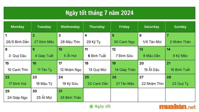 Ngày đẹp trong tháng 7 năm 2024