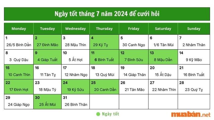 Ngày tốt tháng 7 năm 2024 để cưới hỏi