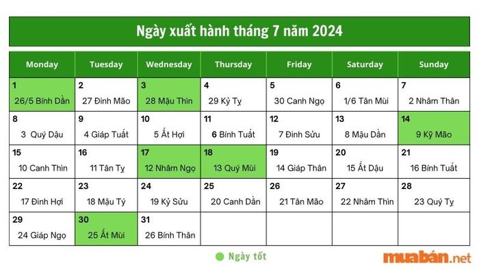 Ngày xuất hành tháng 7 năm 2024