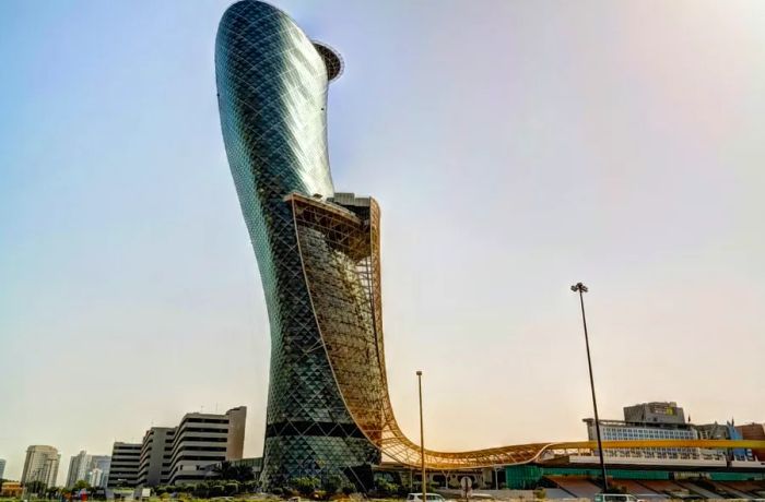 Abu Dhabi's Capital Gate holds the title of the world’s most tilted tower, leaning 18 degrees to the west—four times more than the famous Leaning Tower of Pisa in Italy.